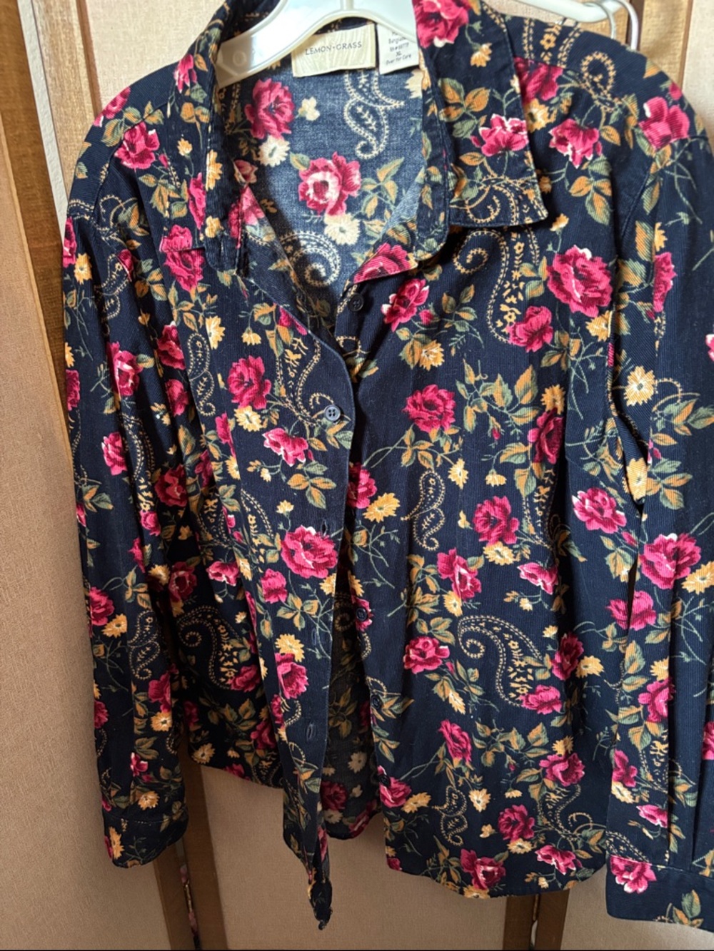 Lemongrass Corduroy Button-Up Shacket with Pink Rose Print XL